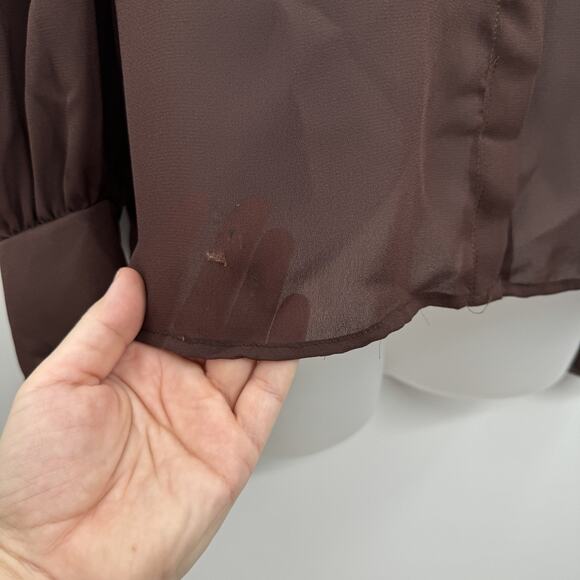 Vintage Augie Ruffle Neck Sheer Button Up Blouse S/M* Chocolate Brown Victorian - Picture 8 of 12